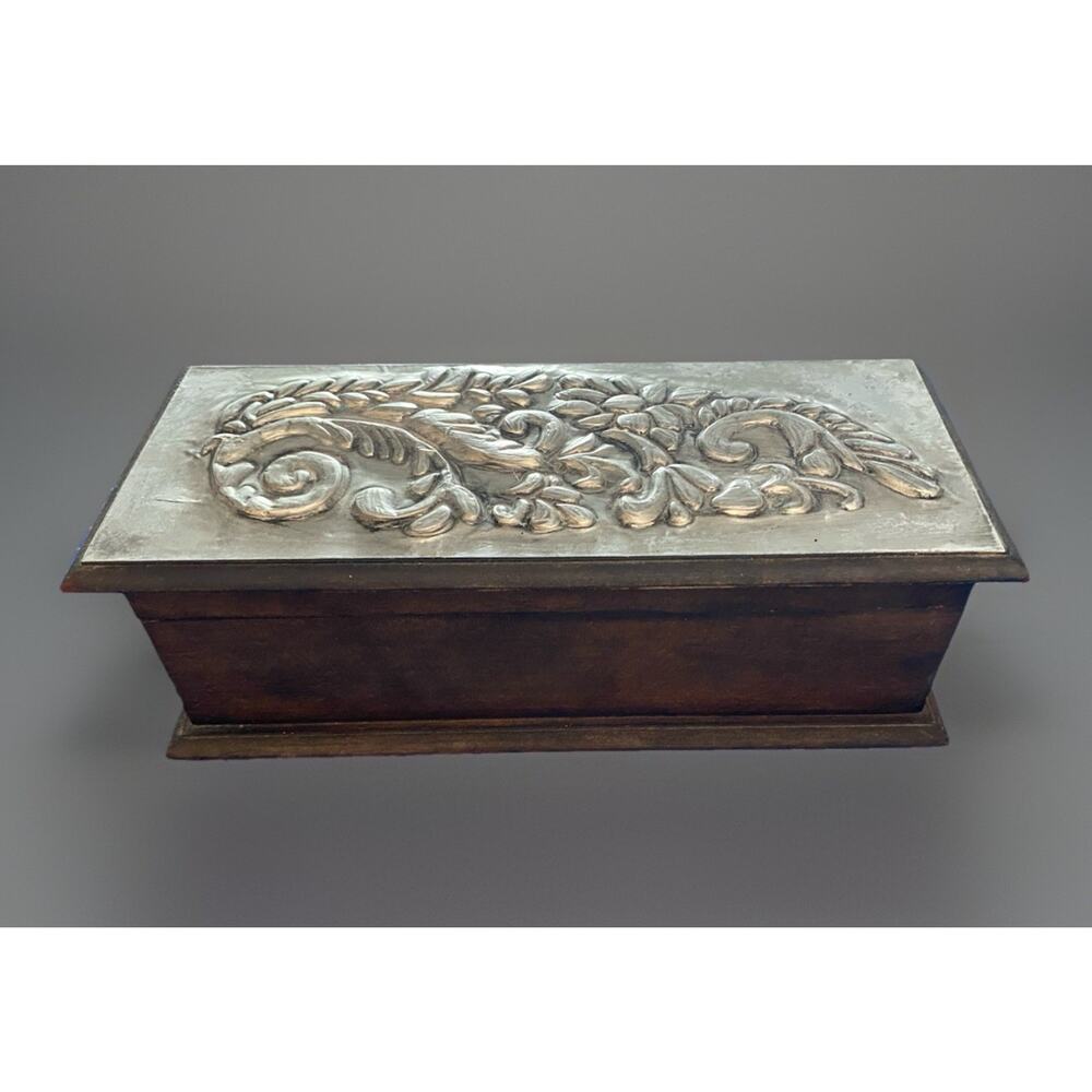 Vintage Midcentury Metal Foil Decorated Lid Wood Trinket Box 10"x4"x3" Jewelry